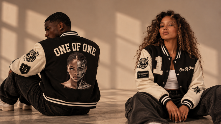Two models seated on the floor wearing the 1OF1 Signature Varsity Jacket, one showing the back graphic and one showing the front